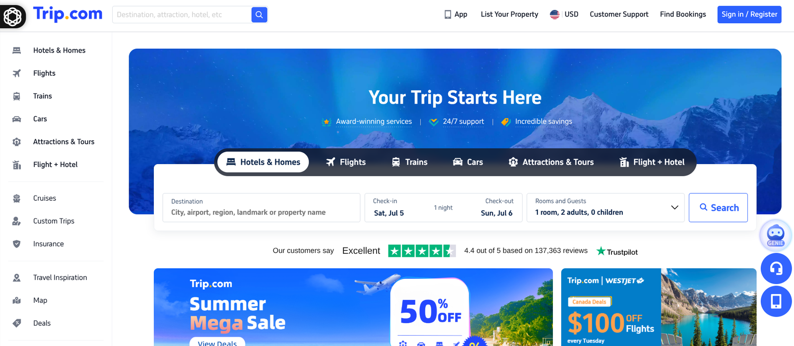 a screenshot of a trip.com hompage